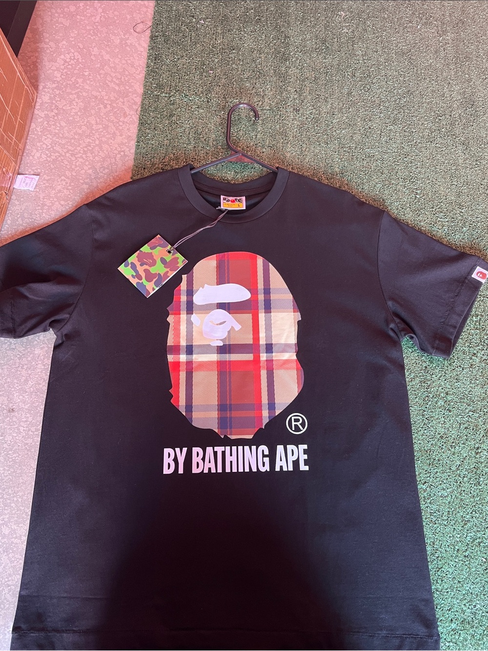Bape Black Tee with Red Tan Plaid Ape Head
